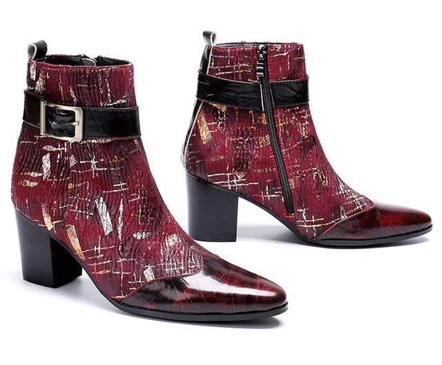 New mens high heels printing leather men boots wedding shoes men fashion buckle designer career work height increase ankle boots